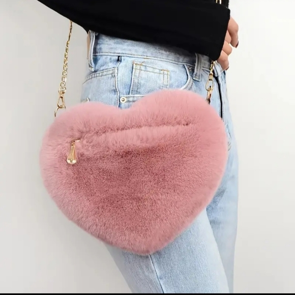 Handbags - Heart-Shaped Soft and Fluffy Pink Crossbody Shoulder Chain Strap Bag.